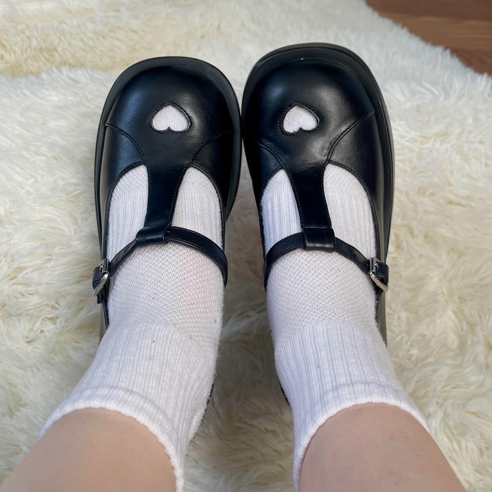 Delias by Dollskill Platform Mary Janes. Faux leather / T strap / heart cut out